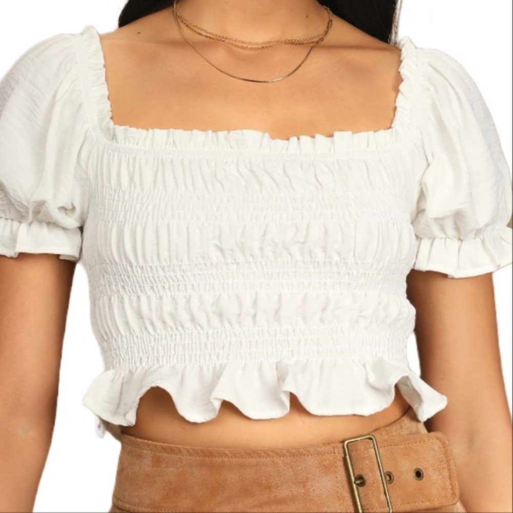 White Smocked Puff Sleeve Crop Top